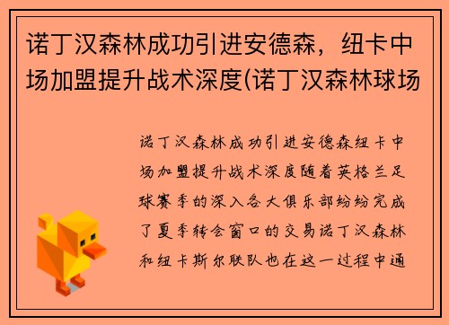诺丁汉森林成功引进安德森，纽卡中场加盟提升战术深度(诺丁汉森林球场)