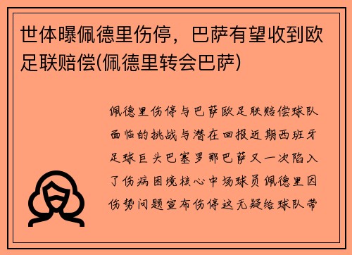 世体曝佩德里伤停，巴萨有望收到欧足联赔偿(佩德里转会巴萨)