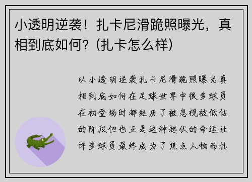 小透明逆袭！扎卡尼滑跪照曝光，真相到底如何？(扎卡怎么样)