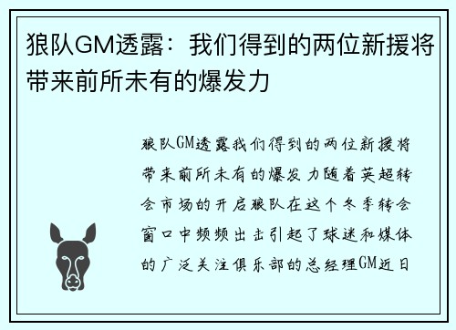 狼队GM透露：我们得到的两位新援将带来前所未有的爆发力