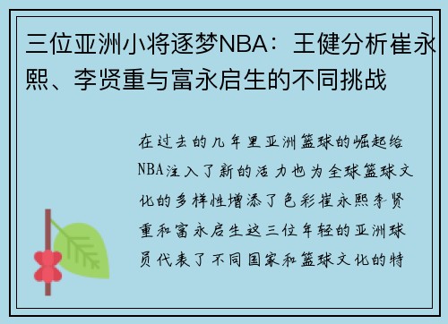 三位亚洲小将逐梦NBA：王健分析崔永熙、李贤重与富永启生的不同挑战